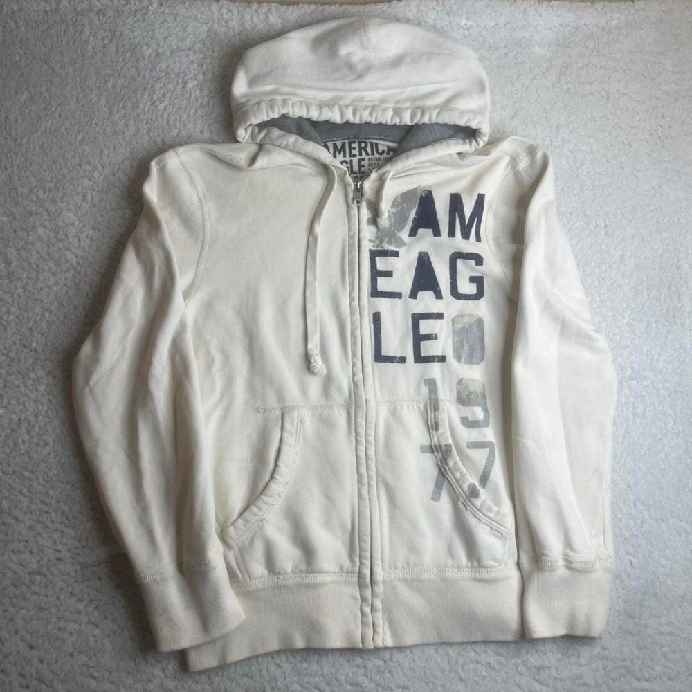 Y2K American eagle men's white‎ spell out logo full zip hoodie skater 90s xl
